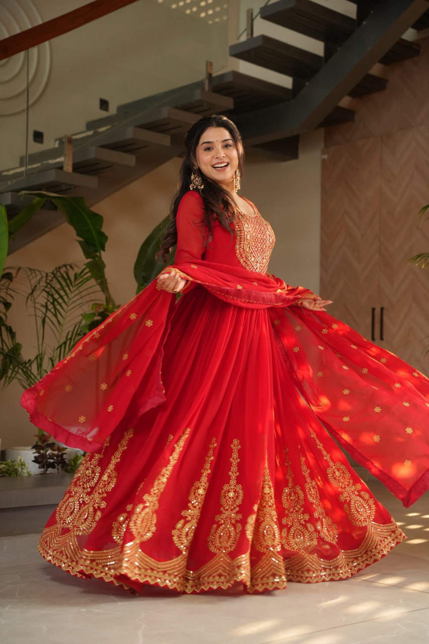 Red Graceful Faux Blooming Embroidered Gown with Sequins Dupatta – Fully Stitched Elegance ClothsVilla