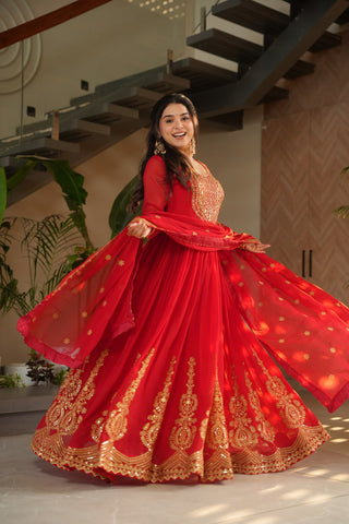 Red Graceful Faux Blooming Embroidered Gown with Sequins Dupatta – Fully Stitched Elegance ClothsVilla