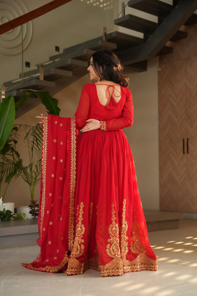 Red Graceful Faux Blooming Embroidered Gown with Sequins Dupatta – Fully Stitched Elegance ClothsVilla