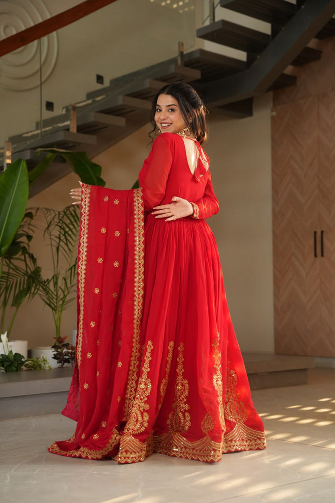 Red Graceful Faux Blooming Embroidered Gown with Sequins Dupatta – Fully Stitched Elegance ClothsVilla