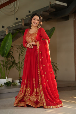 Red Graceful Faux Blooming Embroidered Gown with Sequins Dupatta – Fully Stitched Elegance ClothsVilla