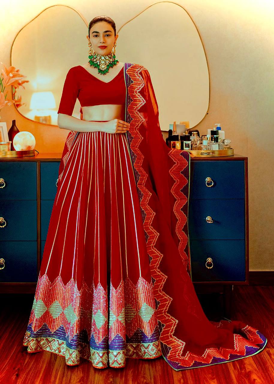 Red Groove in Style – Elegant Japan Satin Lehenga Set ClothsVilla