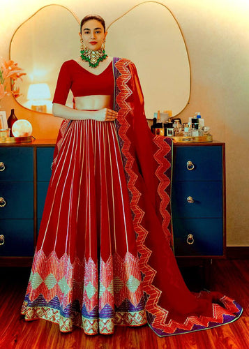 Red Groove in Style – Elegant Japan Satin Lehenga Set ClothsVilla