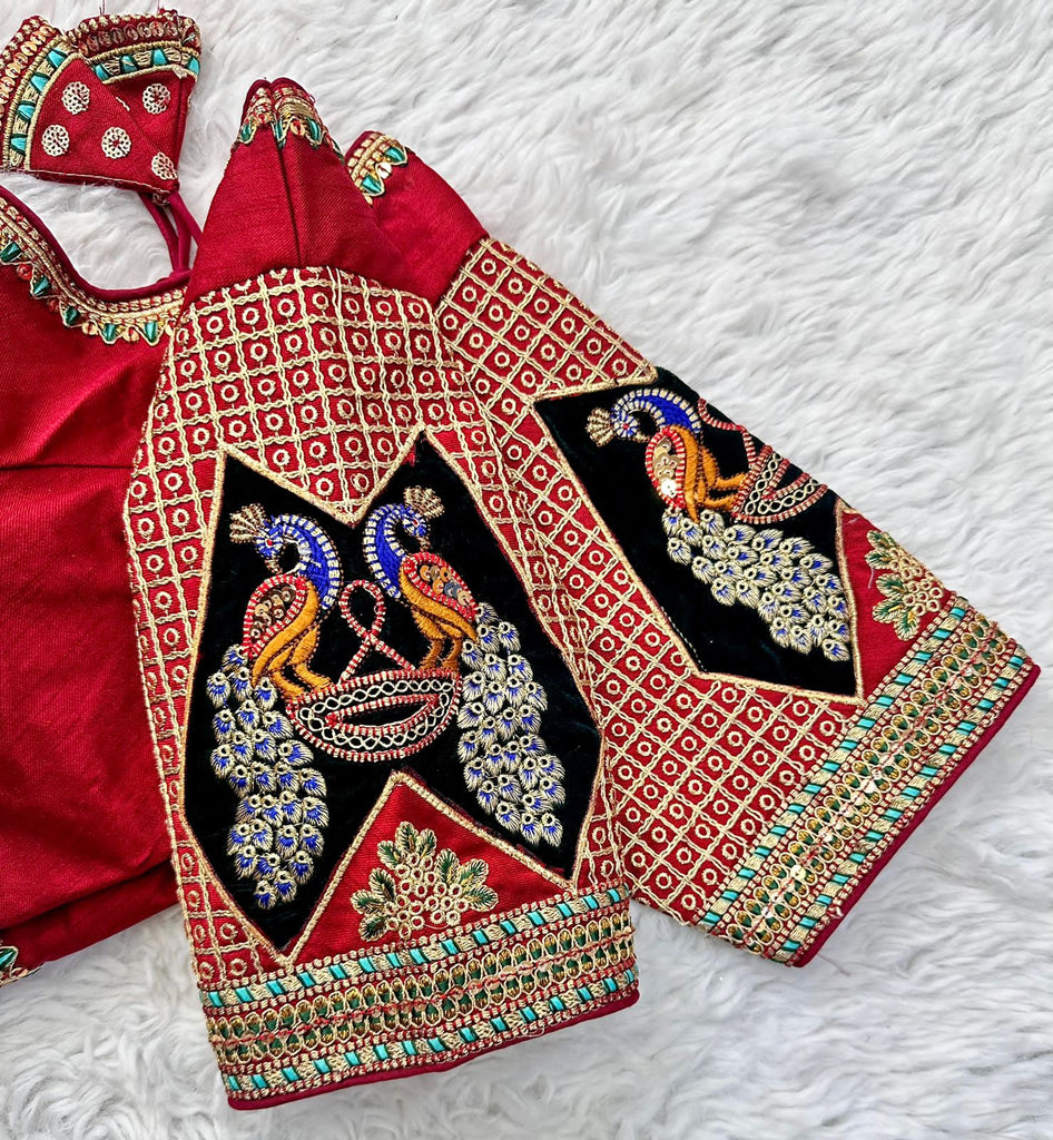 Red Handcrafted Sequined Blouse in Dilkush Silk ClothsVilla