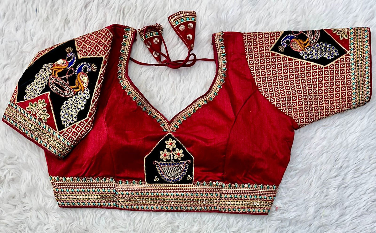 Red Handcrafted Sequined Blouse in Dilkush Silk ClothsVilla Main image
