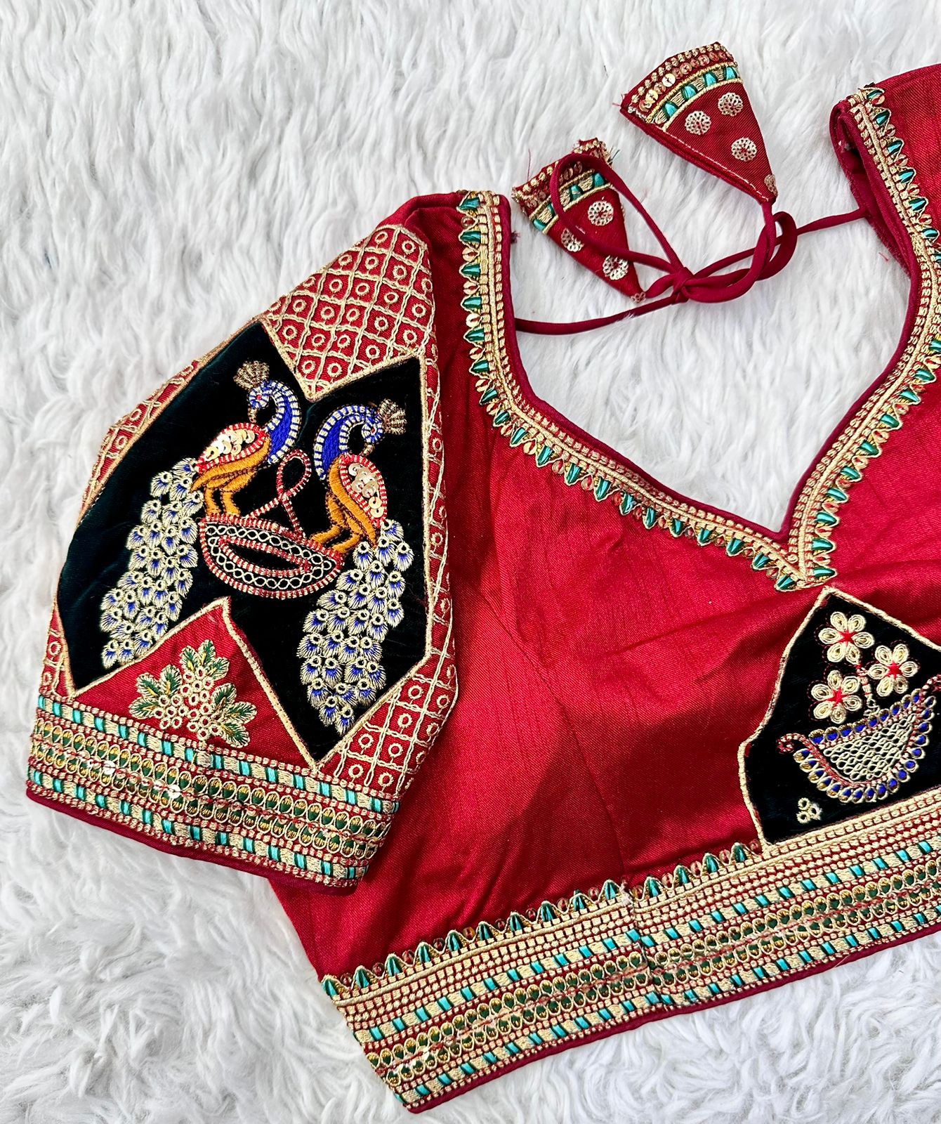 Red Handcrafted Sequined Blouse in Dilkush Silk ClothsVilla
