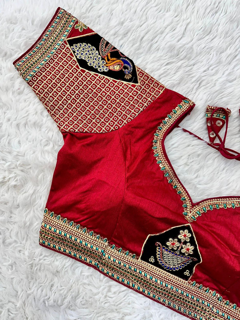 Red Handcrafted Sequined Blouse in Dilkush Silk ClothsVilla