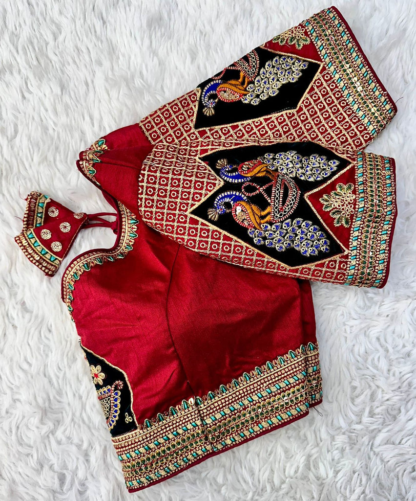 Red Handcrafted Sequined Blouse in Dilkush Silk ClothsVilla