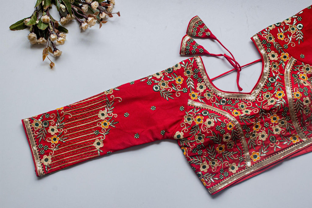 Red Handcrafted Sequined Blouse in Khushi Silk ClothsVilla