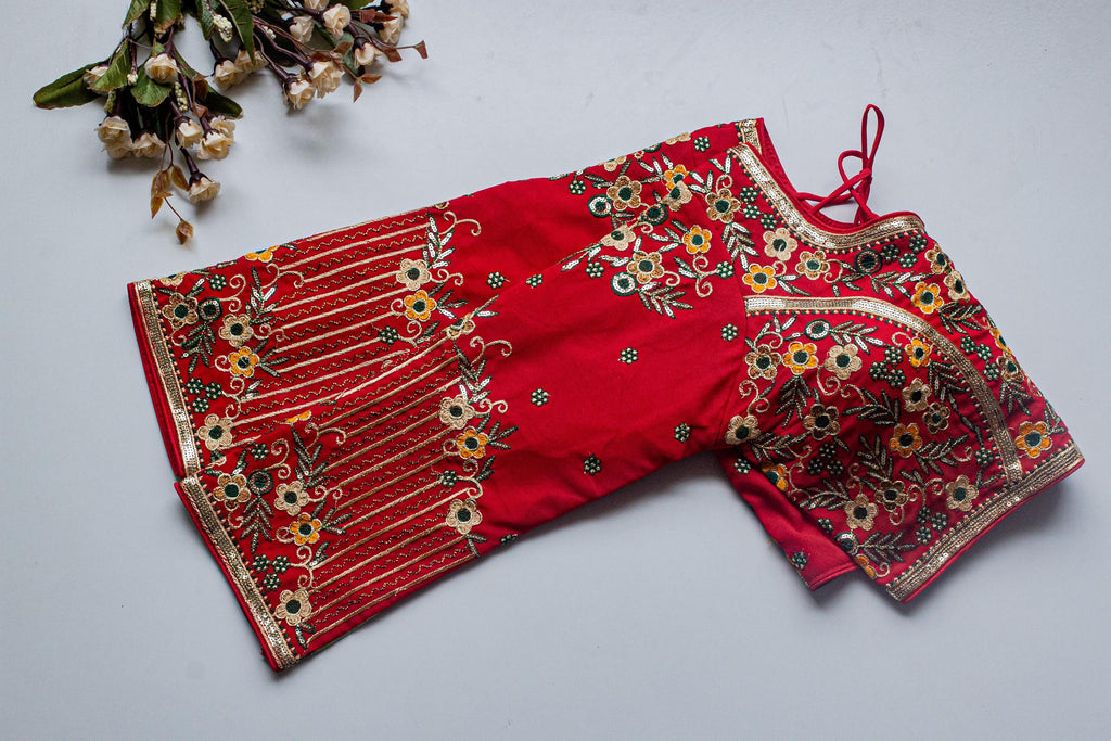 Red Handcrafted Sequined Blouse in Khushi Silk ClothsVilla