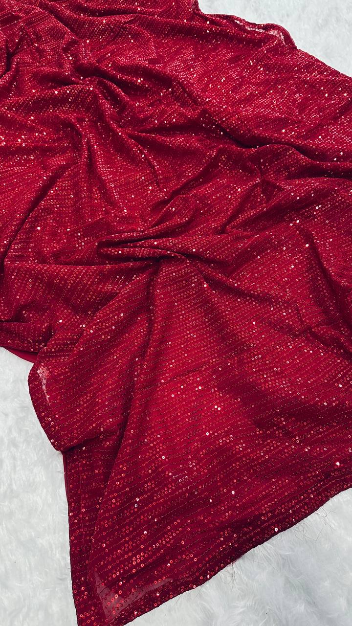 Red Heart-Capturing Georgette Saree with Sequins Work — An Elegant Delight ClothsVilla