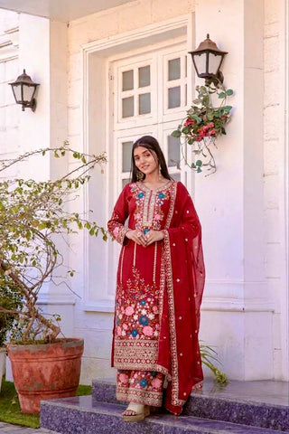 Red Heavy Chinon Silk Plazzo Set ClothsVilla