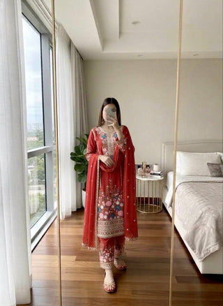 Red Heavy Chinon Silk Plazzo Set ClothsVilla
