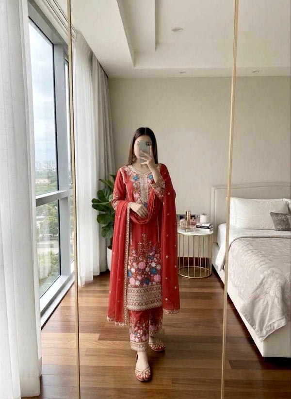 Red Heavy Chinon Silk Plazzo Set ClothsVilla