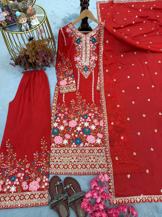 Red Heavy Chinon Silk Plazzo Set ClothsVilla