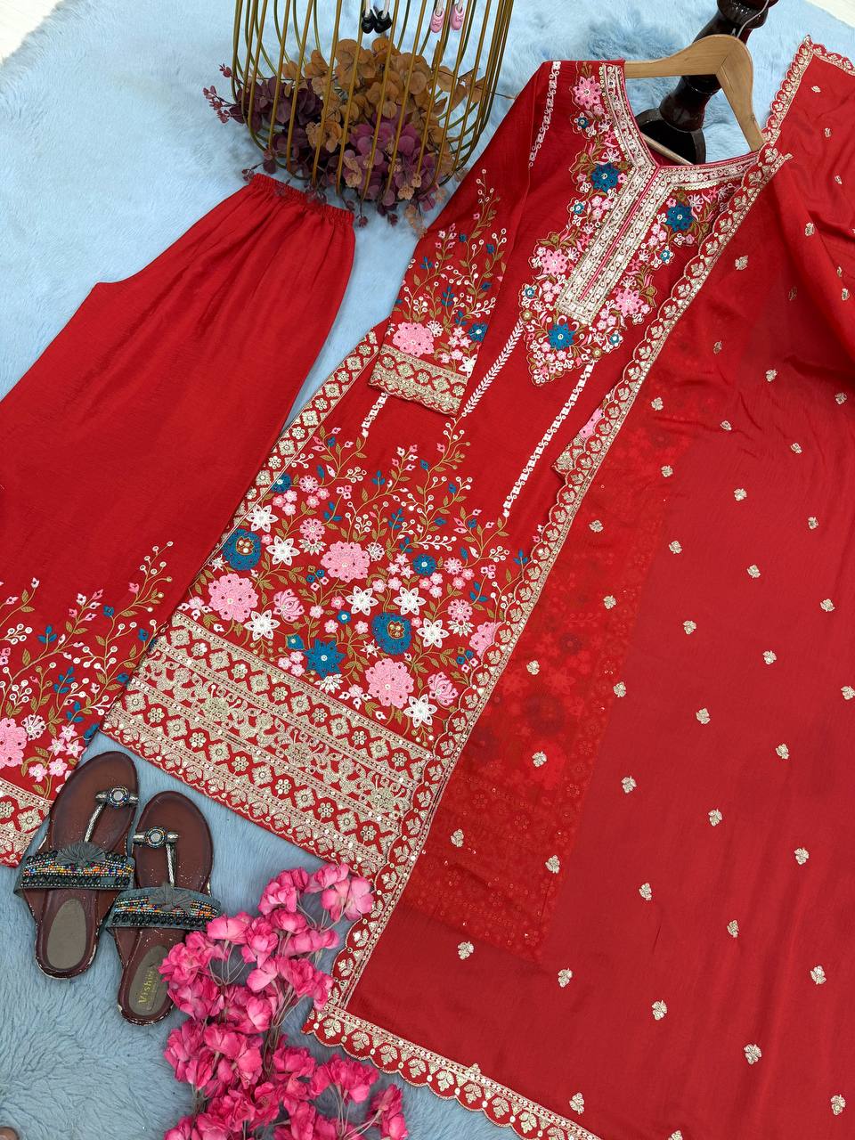 Red Heavy Chinon Silk Plazzo Set ClothsVilla