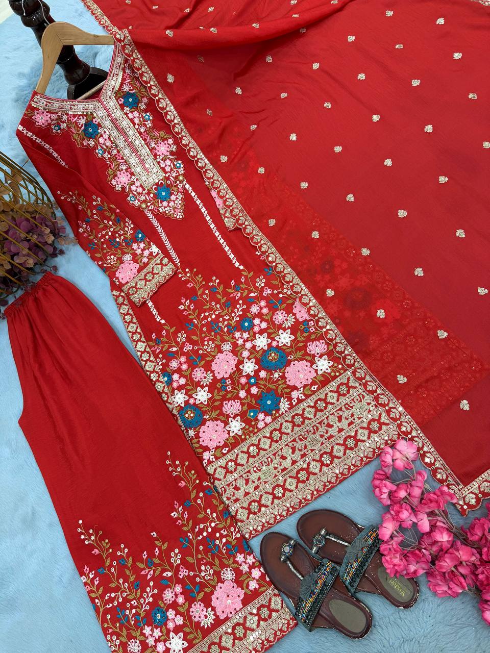 Red Heavy Chinon Silk Plazzo Set ClothsVilla