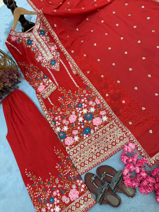 Red Heavy Chinon Silk Plazzo Set ClothsVilla