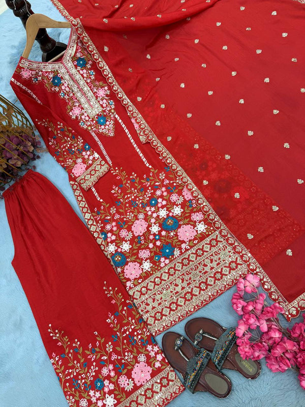 Red Heavy Chinon Silk Plazzo Set ClothsVilla