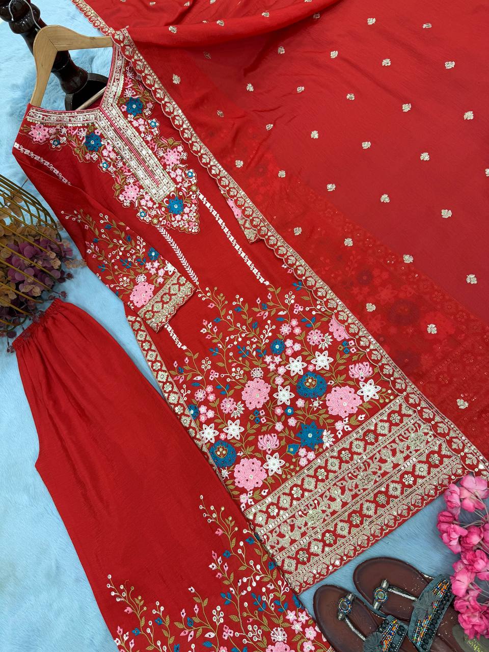 Red Heavy Chinon Silk Plazzo Set ClothsVilla