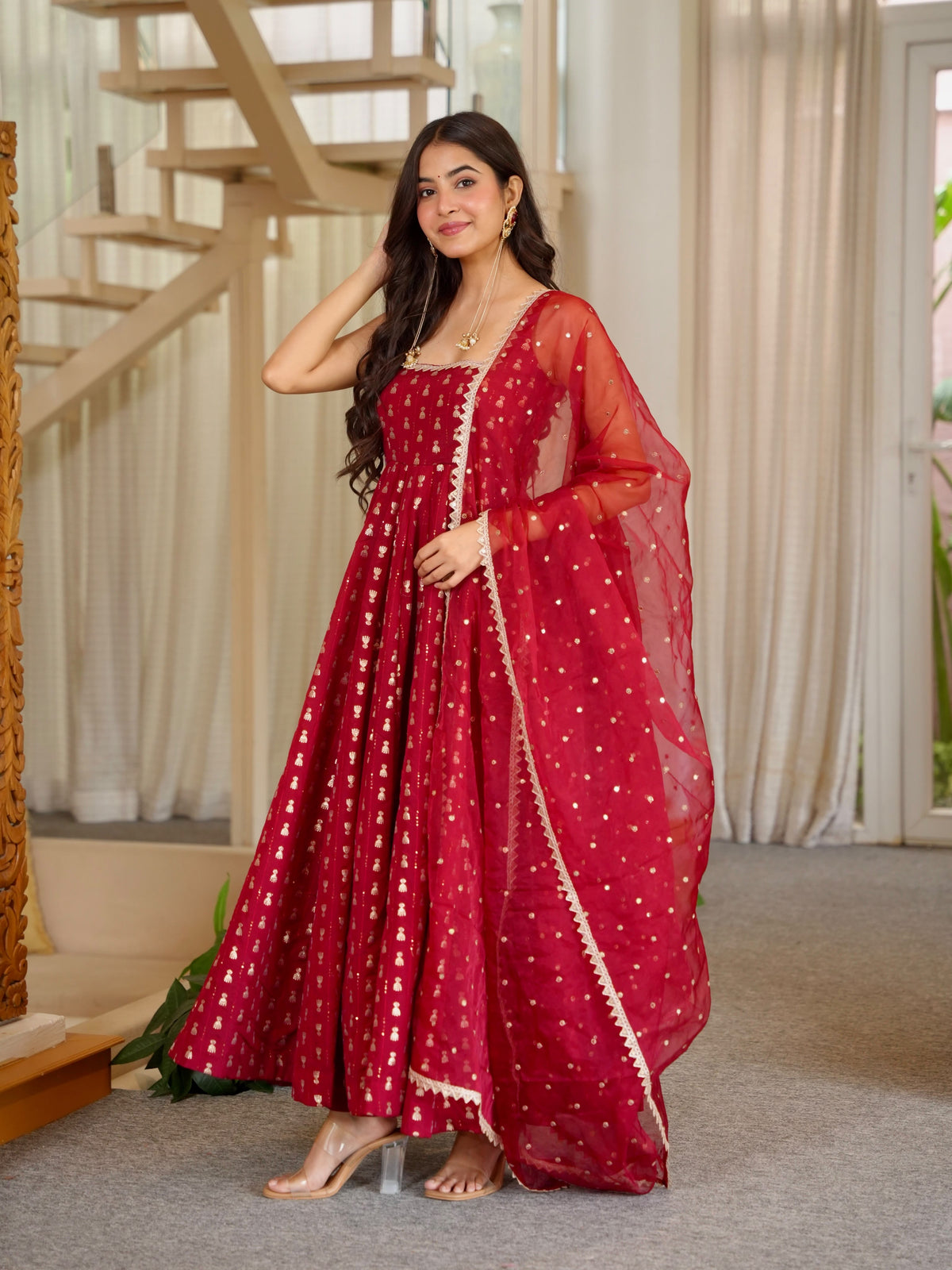 Red Heavy Embroidered Gown ClothsVilla
