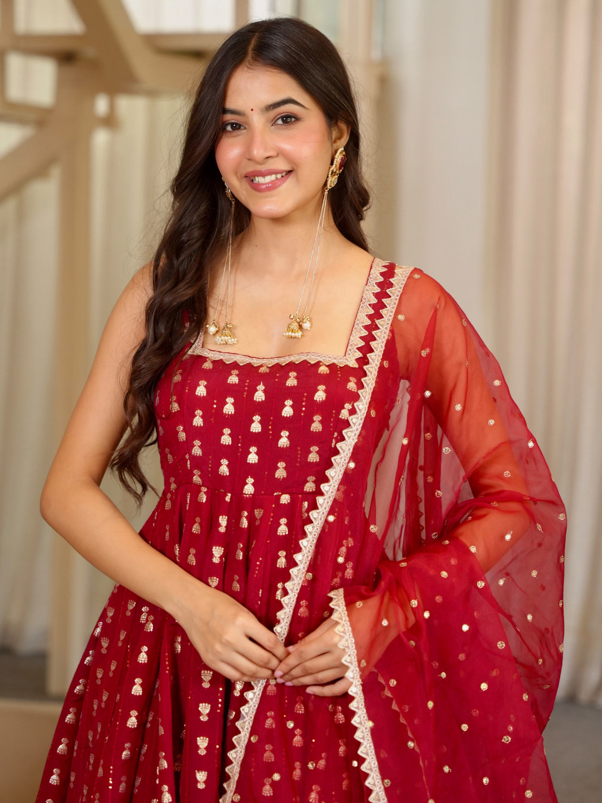 Red Heavy Embroidered Gown ClothsVilla
