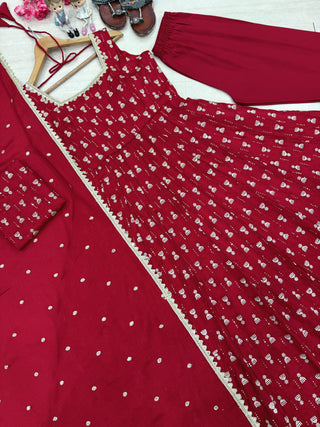 Red Heavy Embroidered Gown ClothsVilla