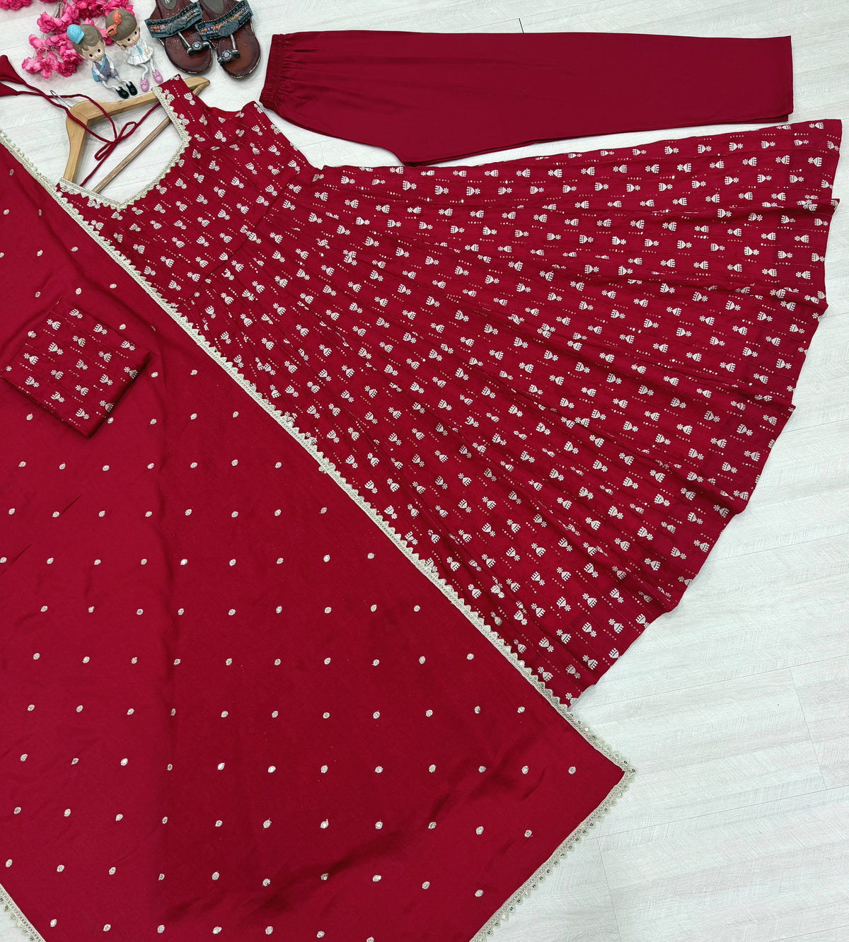 Red Heavy Embroidered Gown ClothsVilla