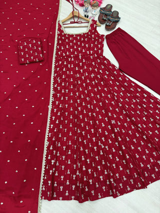 Red Heavy Embroidered Gown ClothsVilla