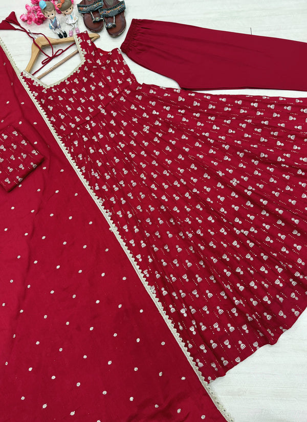 Red Heavy Embroidered Gown ClothsVilla