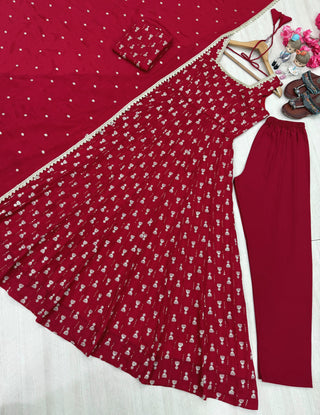 Red Heavy Embroidered Gown ClothsVilla