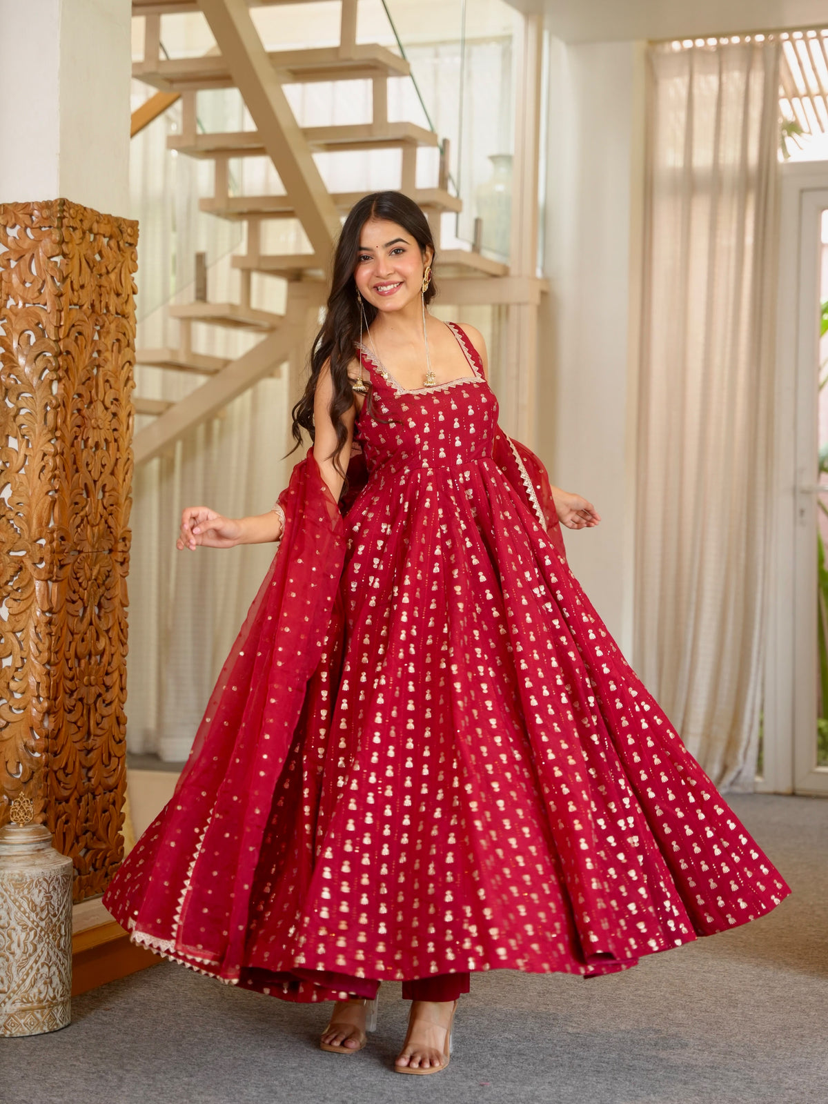 Red Heavy Embroidered Gown ClothsVilla