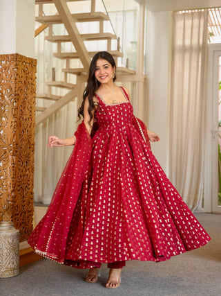 Red Heavy Embroidered Gown ClothsVilla