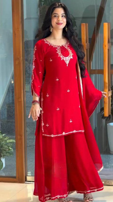 Red Heavy Embroidered Palazzo Suit ClothsVilla Main image