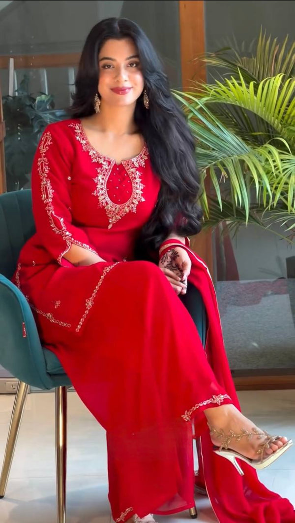 Red Heavy Embroidered Palazzo Suit ClothsVilla