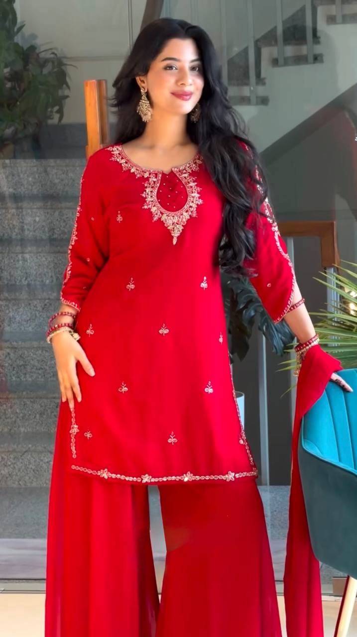 Red Heavy Embroidered Palazzo Suit ClothsVilla