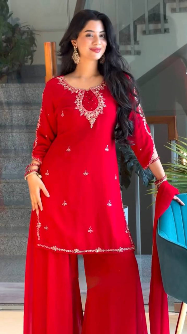 Red Heavy Embroidered Palazzo Suit ClothsVilla