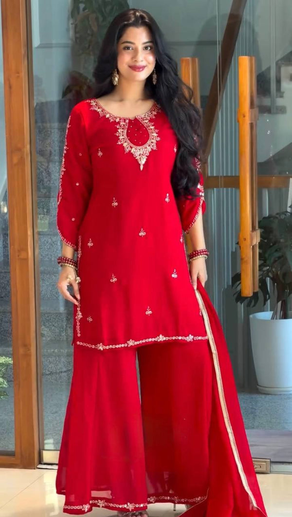 Red Heavy Embroidered Palazzo Suit ClothsVilla