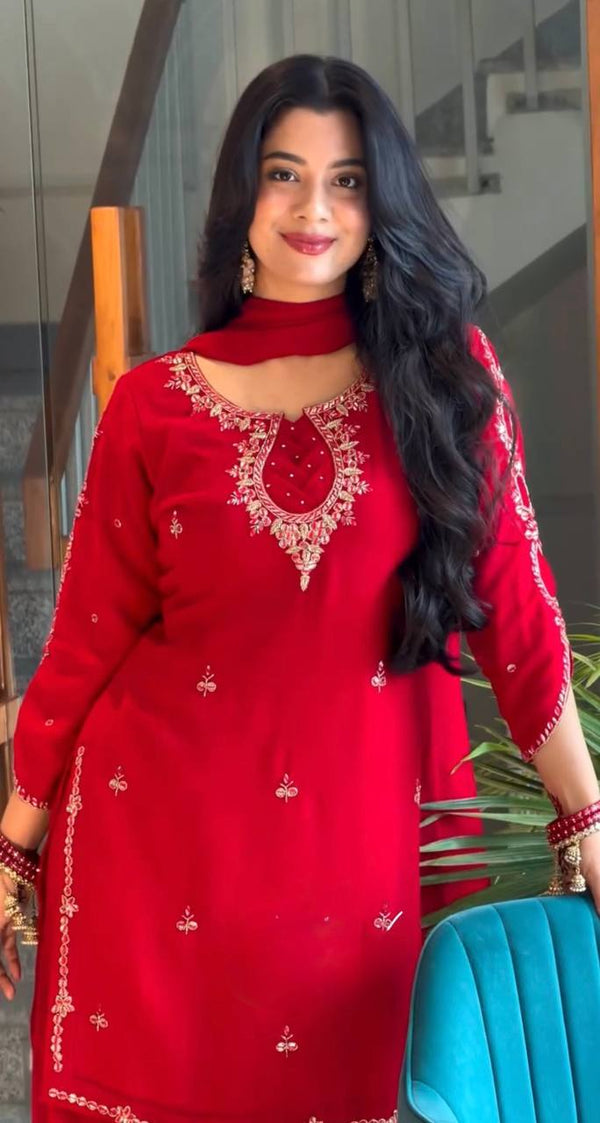 Red Heavy Embroidered Palazzo Suit ClothsVilla