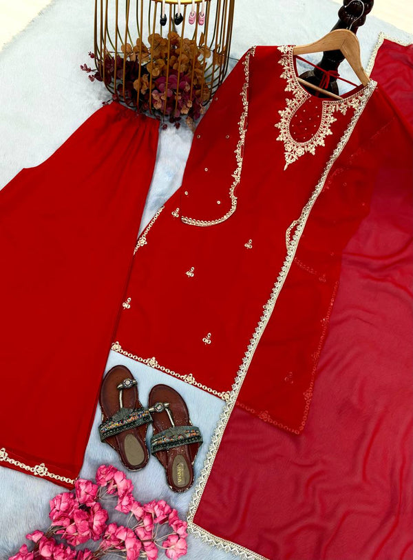 Red Heavy Embroidered Palazzo Suit ClothsVilla