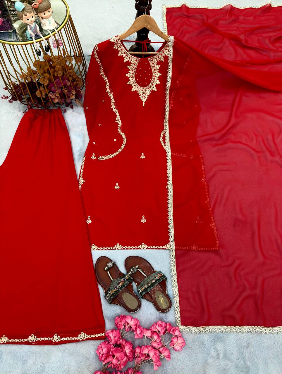 Red Heavy Embroidered Palazzo Suit ClothsVilla