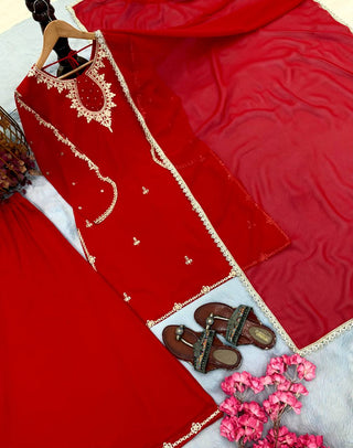Red Heavy Embroidered Palazzo Suit ClothsVilla