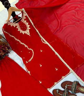 Red Heavy Embroidered Palazzo Suit ClothsVilla