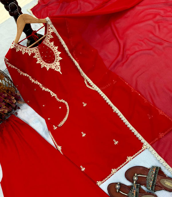 Red Heavy Embroidered Palazzo Suit ClothsVilla