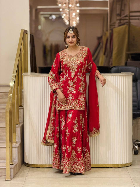 Red Heavy Embroidered Plazzo Dupatta Set ClothsVilla Main image