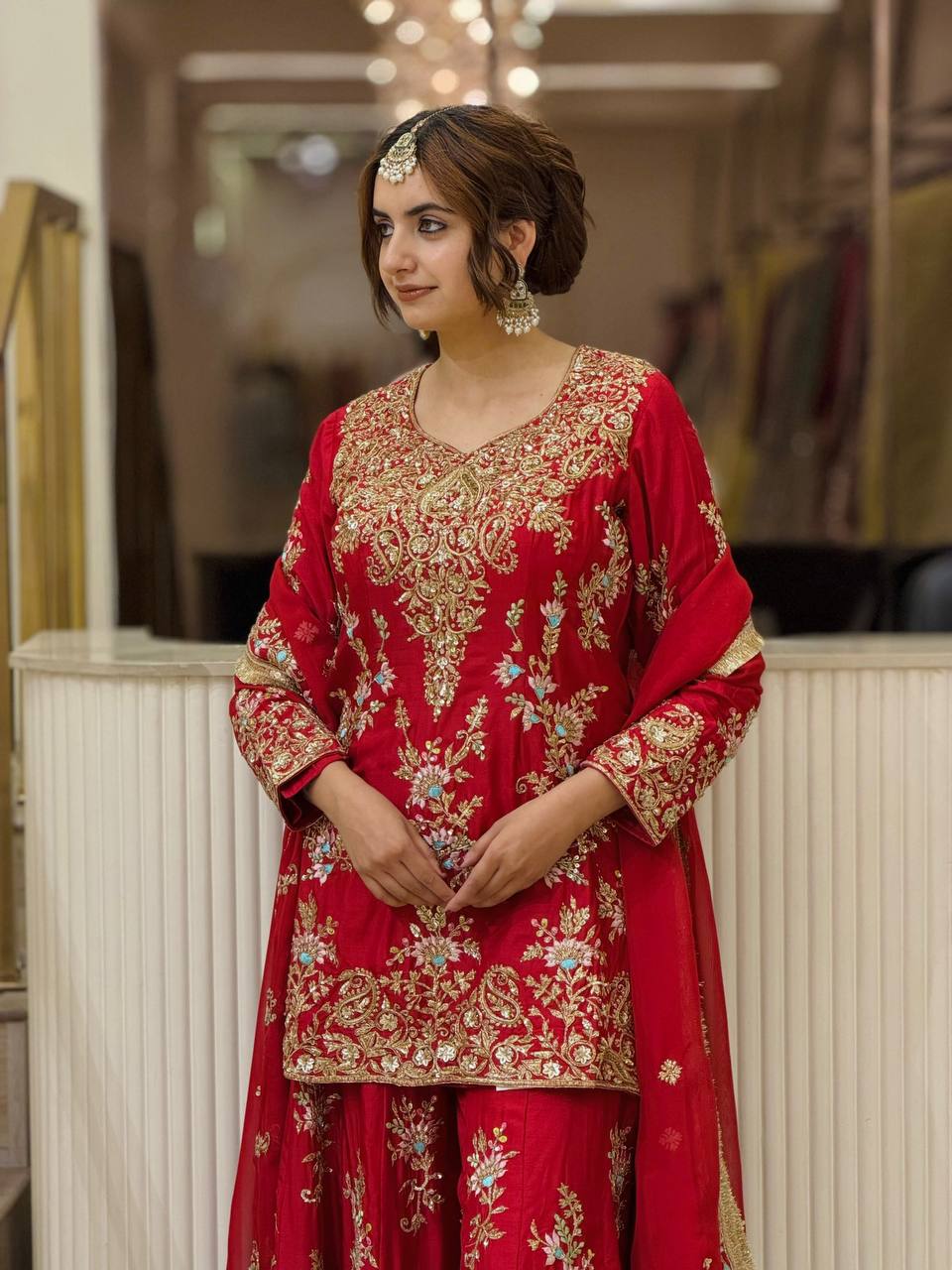 Red Heavy Embroidered Plazzo Dupatta Set ClothsVilla