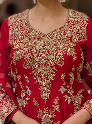 Red Heavy Embroidered Plazzo Dupatta Set ClothsVilla