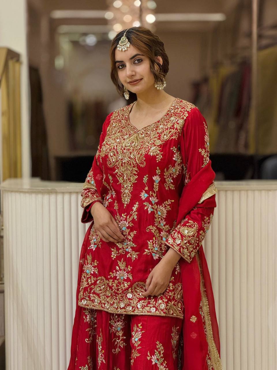 Red Heavy Embroidered Plazzo Dupatta Set ClothsVilla
