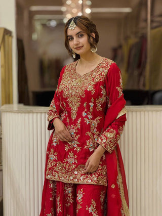 Red Heavy Embroidered Plazzo Dupatta Set ClothsVilla