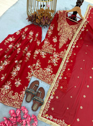 Red Heavy Embroidered Plazzo Dupatta Set ClothsVilla